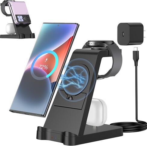 3 in 1 Charging Station for Samsung, Wireless Fast Charging Station for Samsung S23 S22 S21 Ultra Note20 10 Z Flip Z Fold, Charger Dock with Stand for Galaxy Buds and Galaxy Watch 5 Pro 4 3 (Black) in Saudi Arabia