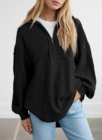 SHEWIN Womens Sweatshirt Casual Waffle Knit Half Zip Pullover Loose Long Sleeve Tops Fall Outfit Clothes 2024 in Saudi Arabia