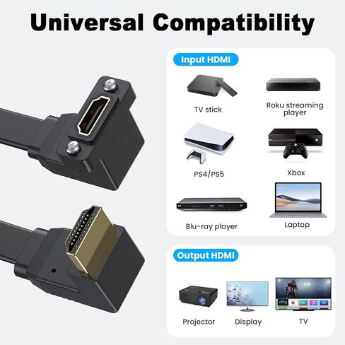 Poyiccot Flat HDMI Cable 1.5ft, 4K 90 Degree HDMI Cable, 18Gbps Panel Mount HDMI Extension Cable, Down Angled HDMI Male to Up Angled HDMI Female Cord Support for Ethernet 3D 4K Monitors HDTV in Kuwait