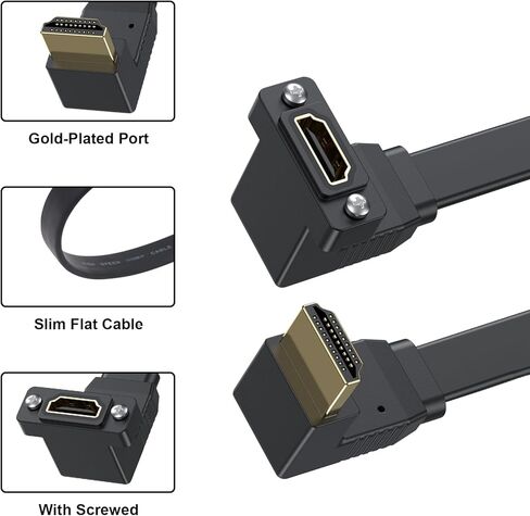 Poyiccot Flat HDMI Cable 1.5ft, 4K 90 Degree HDMI Cable, 18Gbps Panel Mount HDMI Extension Cable, Down Angled HDMI Male to Up Angled HDMI Female Cord Support for Ethernet 3D 4K Monitors HDTV in Kuwait