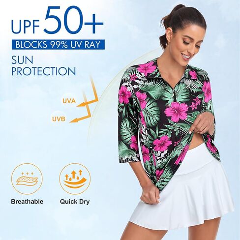 قميص جولف نسائي من Tanst Sky بأكمام 3/4، سريع الجفاف بسحاب للتمرين مع جيوب in Kuwait