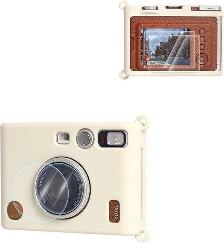 Silicone Case & Tempered Glass Screen Protector & PET Lens Flim For Fujifilm Instax Mini Evo，Accessories for Fuji Instax Mini Evo，No Camera-White in Saudi Arabia