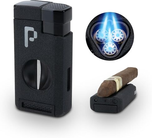 Pocket Lighter for Cigars - 3 Torches with V Cutter by Pixel Cartel - Black - Ideal for Cigar Lovers, No Combustible Included in Saudi Arabia