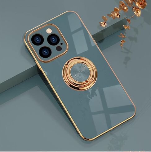 EYZUTAK Electroplated Magnetic Ring Holder Case for iPhone 14 Pro Max, 360 Degree with Rotation Metal Anti-Drop Finger Ring Holder Magnet Car Holder Soft Slim Silicone Shockproof Cover - Gray in Kuwait