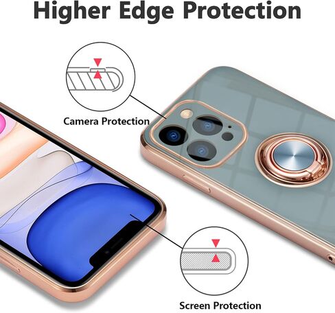 EYZUTAK Electroplated Magnetic Ring Holder Case for iPhone 14 Pro Max, 360 Degree with Rotation Metal Anti-Drop Finger Ring Holder Magnet Car Holder Soft Slim Silicone Shockproof Cover - Gray in Kuwait
