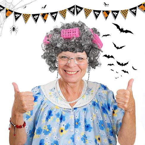 Yaomiao 8Pcs Old Lady Costume Set for Women Fat Suits Grandma Dress Suits Short Sleeve Robe Granny Wig Crutch in Kuwait