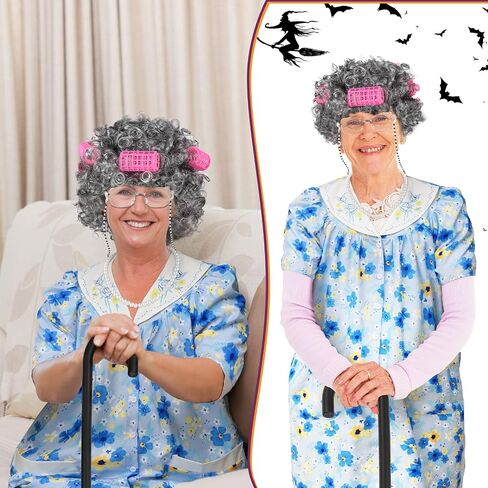 Yaomiao 8Pcs Old Lady Costume Set for Women Fat Suits Grandma Dress Suits Short Sleeve Robe Granny Wig Crutch in Kuwait