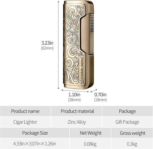 Engraved Cigar Lighter Pocket Windproof Flame Refillable Butane Lighter,Without Gas(Gold) in Saudi Arabia