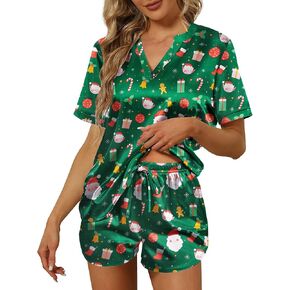 Ekouaer Silk Pajamas for Women Short Sleeve Sleepwear Two-piece Pjs Set Soft V Neck Loungewear Tops with Pj Shorts S-XXL
