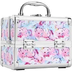 Joligrace Makeup Train Case for Girls Cosmetic Box Kids Jewelry Organizer Hair Accessories Storage Lockable with 2-Tier Trays & Mirror Mermaid Princess