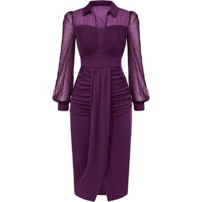 Belle Poque Womens Vintage Dress Mesh Long Sleeve Dress Ruched Dress for Work