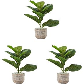 Elements Fiddle Leaf Fig in Embossed Cement Pot for Bathroom Farmhouse Faux Greenery Tabletop Centerpiece Mantel Office Desk Kitchen Decor, 15 inch
