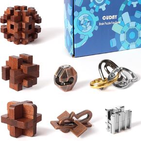 CUDNY 7 Pieces Cool Mind Puzzles Unlock Interlock Brain Teaser Games for Adults and Kids Wooden and Metal Puzzles IQ Logic Fun Puzzle Box