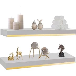 Thicked 1.78 inch Pine Wood White Gold Shelves with Thicked 1/5 Inch Heavy Duty Bracket,16 ×6.5 Inch Gold Floating Shelves with Stainless Steel Trim Strip,White Gold Shelves for Wall set of 2