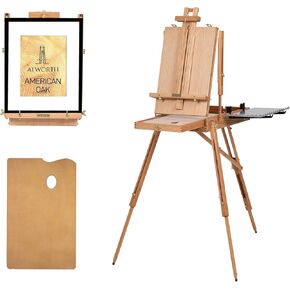 ATWORTH French Easel for Painting, Deluxe Oak Wooden Field & Studio Sketchbox Easel Stand with Metal Side Tray, Portable Tabletop & Tripod Floor Painting Easel, Holds Canvas up to 34"- Walnut