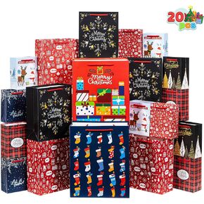JOYIN 20 Christmas Goody Gift Bags with Handles Assorted Sizes, Holiday Paper Goodie Bag for Xmas Gift-Giving, Classroom and Party Favors