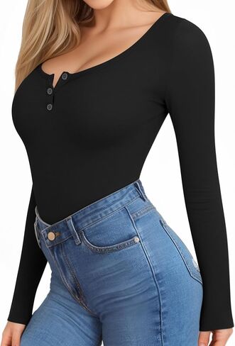 HERLOLLYCHIPS المرأة طويلة الأكمام بلايز مغرفة الرقبة هينلي زر أسفل مضلع جاهزة مثير عادية خريف شتاء تي شيرت تي شيرت in Kuwait