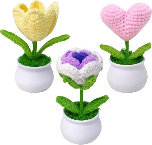 3pcs Crochet Flower Pot, Sunflower Red Rose Forget Me Not Small Potted Flowers, Mothers Day Valentines Gifts for Women Mom Wife in Saudi Arabia