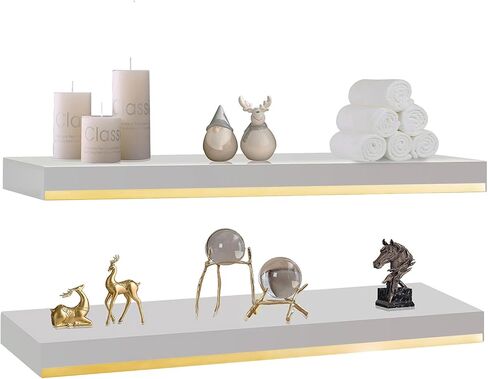 Thicked 1.78 inch Pine Wood White Gold Shelves with Thicked 1/5 Inch Heavy Duty Bracket,16 ×6.5 Inch Gold Floating Shelves with Stainless Steel Trim Strip,White Gold Shelves for Wall set of 2 in Saudi Arabia