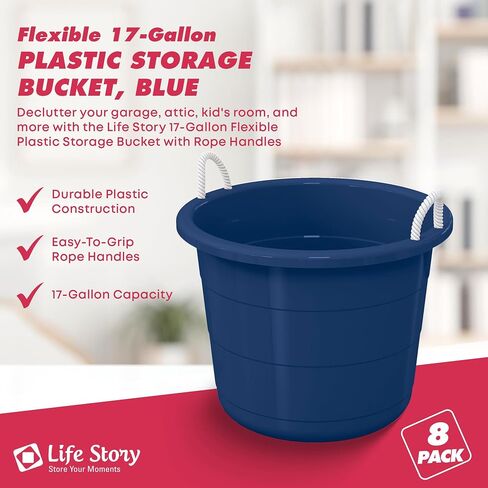 Life Story Large 17 Gallon Flexible Plastic Storage Bucket Container with Easy Grip Rope Handles for Indoor and Outdoor Storage, Black, 8 Pack in Kuwait