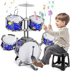 M SANMERSEN Upgraded Kids Jazz Drum Set Toddler Toy Drum Set with Stool, Plastic Rock Jazz Drum Kit Musical Toys Gift for Boys Girls 1-3 3-5