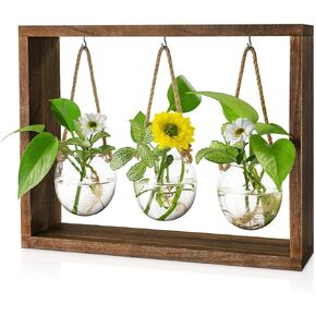 Monsiter QE 3 Tier Large Propagation Stations Wall Hanging Plant Terrarium with Wooden Stand, Retro Propagation Test Tube for Hydroponic Plants Cutting Flower, Propagator Home Office Patio Decor-Brown