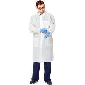 AMZ Medical Supply معطف مختبر أبيض للاستعمال مرة واحدة للنساء والرجال، مقاس كبير، عبوة مكونة من 10 معاطف مختبرية مغزولة منخفضة الوبر PP 30 GSM للبالغين مع معصمين مرنين، وأزرار أمامية، وجيوب