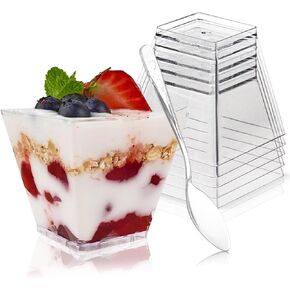 50 Pack 3.5 oz Square Dessert Cups with Spoons, Mini Plastic Parfait Appetizer Cups, Clear Reusable Small Shooter Cups, Serving Bowls for Tasting Party Samples Dessert Shot Glasses