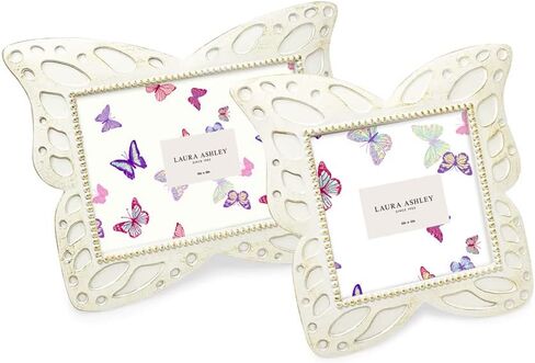 إطار صورة على شكل فراشة من الراتنج الوردي الأفقي مقاس 4x6 من Laura Ashley مع حواف منقطة، وإطار صورة مع حامل من القماش الأسود، مصنوع للعرض على سطح الطاولة والتعليق على الحائط (6x4، وردي) in Kuwait
