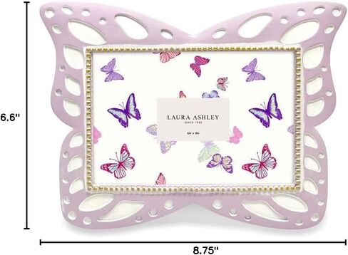 إطار صورة على شكل فراشة من الراتنج الوردي الأفقي مقاس 4x6 من Laura Ashley مع حواف منقطة، وإطار صورة مع حامل من القماش الأسود، مصنوع للعرض على سطح الطاولة والتعليق على الحائط (6x4، وردي) in Kuwait