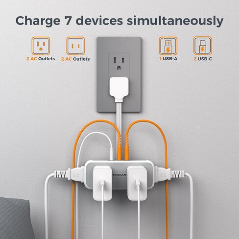 Small Extension Cord 6 inch, TESSAN Thin Flat Plug Power Strip with 4 AC Outlets 3 USB (1 USB C) Ports, Silm Charging Station Desk Organizers for Home Bedroom Hotel Office Desktop Accessories in Saudi Arabia