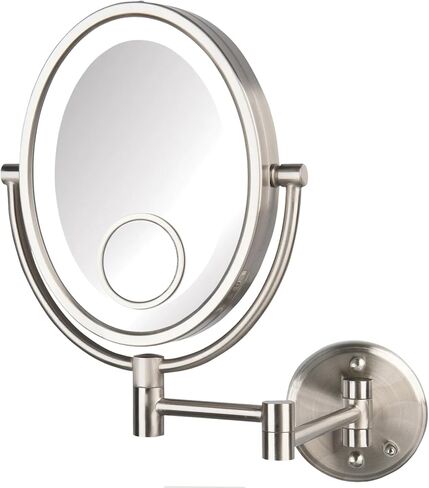 JERDON Two-Sided Wall-Mounted Makeup Mirror with Lights - Lighted Makeup Mirror with 10X Magnification & Wall-Mount Arm - Oval Mirror with Nickel Finish Wall Mount - Model HL9515NL in Saudi Arabia