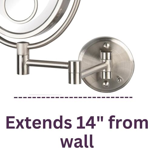 JERDON Two-Sided Wall-Mounted Makeup Mirror with Lights - Lighted Makeup Mirror with 10X Magnification & Wall-Mount Arm - Oval Mirror with Nickel Finish Wall Mount - Model HL9515NL in Saudi Arabia
