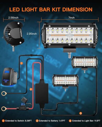 طقم شريط إضاءة LED 7 بوصة مع سرج سلك مفتاح الروك 2 قطعة 24000LM LED أضواء قرنة ثلاثية الصفوف البيضاء بقعة الفيضانات كومبو شعاع أضواء الطرق الوعرة لشاحنة ATV SUV UTV قارب IP68 مقاوم للماء in Kuwait