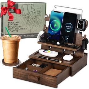 Black Solid Wood Phone Docking Station for up to 3 Phones - Nightstand Organizer for Men & Women Holds Multiple Phones, Tablets, Apple Watch & More - Neatly Stores Keys, Rings, Glasses & EDC