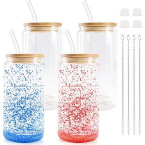 Joyclub 8 Pack Sublimation Glass Cups with Bamboo Lids and Straws, 16 OZ Frosted Glass Can Blanks with Shrink Wrap Films for Iced Coffee Beer Juice Soda DIY Gift