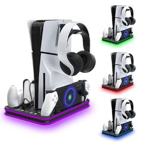 PS5 Slim Stand and Cooling Station with RGB LED Controller Charging Station for Playstation 5, PS5 Controller Charger for Dual Sense & Edge Controller, PS5 / PS5 Slim Accessories Cooling Black