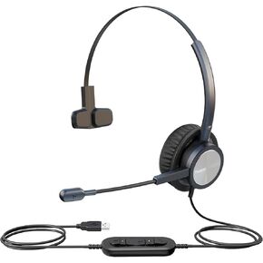 USB Headset for Microsoft Teams, Zoom Meeting Headset with Noise Cancelling Mic, Mute Button and in-Line Volume Control, PC Headphones for Video Conference Calls, Wired Laptop Headset for Computer