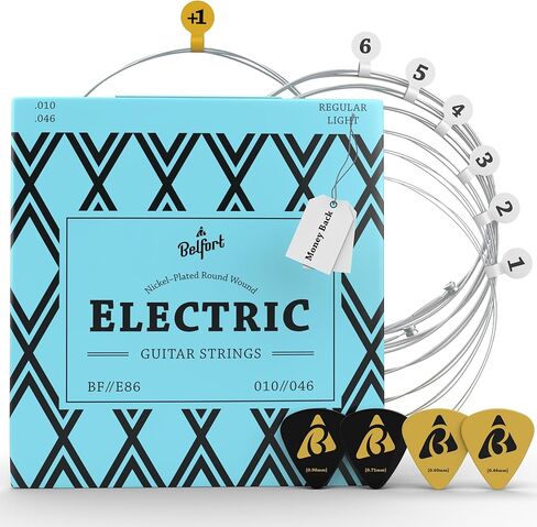 أوتار جيتار BELFORT® للجيتار الكهربائي، أوتار للجيتار الإلكتروني مصنوعة من الفولاذ المطلي بالنيكل - بما في ذلك. 4 اختيارات + سلسلة E عالية جدًا in Kuwait