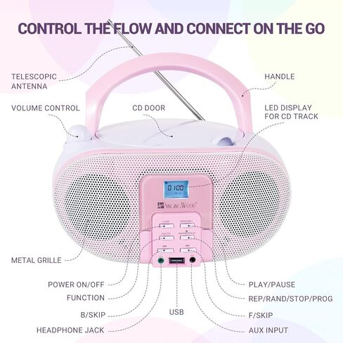 SingingWood GC01 Macarons Series Portable CD Player Boombox with AM FM Stereo Radio Kids CD Player LCD Display, Front Aux-in Port Headphone Jack, Supported AC or Battery Powered -Rose in Saudi Arabia