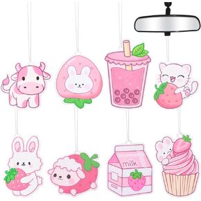 ANGOLIO Car Air Freshener Kawaii Japanese Snacks Pink Incense Chips Scented Ornament Car Rearview Mirror 4 Styles Scents Bubble Tea Strawberry Milk Peaches Vent Decor Aromatic For Party Supplies