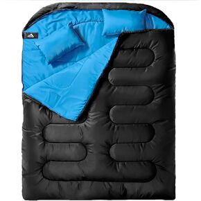 MEREZA Double Sleeping Bag for Adults Mens with Pillow, XL Queen Size Two Person Sleeping Bag for All Season Camping Hiking Backpacking 2 Person Sleeping Bags for Cold Weather & Warm