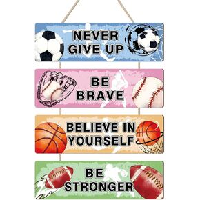 HLNIUC Sport Themed Wall Decor,Football Wood Sign(3.5"x12"),Inspirational Never Give Up Wooden Sign,Basketball Wood Hanging Wall Art for Boys Kids Room Playroom Nursery Decor(Retro Style)