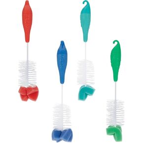Nuby Bottle and Nipple Brush with Bristles and Sponge Tip | 3 Pack: Aqua, Blue, Lime or Aqua, Coral, Lime | Hanging Handle with Hook for Drying