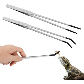 2PCS Stainless Steel Reptile Feeding Tongs with Rubber Tip, 10.6" Straight & Curved Long Tweezers for Aquarium or Craft, Bearded Dragon Tank Snakes Enclosure Accessories, Terrarium Supplies
