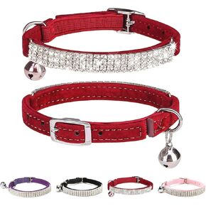BINGPET Diamond Cat Collar,Adjustable Soft Velvet Leather Safe Kitten Collar with Shiny Rhinestones and Bells,Girl Boy Bling Stylish Cat Collars with Safety Elastic for Small Medium Cats,Red