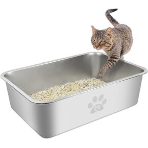 Stainless Steel Cat Litter Box High Side Cats Toilet Metal Kitten Litter Pan, Pet Cleaning Tool for Big and Small Cats, Rabbits, Splash-Proof and Non-Stick Cat Poop Box odorless 19.7"x13.8"x5.9"