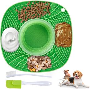 Licking Mat Slow Feeder for Dogs and Cats, Premium 3 in 1 Lick Pad & Foldable Water Bowl w/Suction Cups for Dog Anxiety Relief,Slow Feeder Dog Healthy Eating Bowl, Bathing, Grooming, Training (Green)