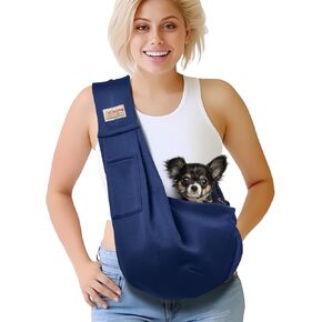 Pet Dog Sling Carrier for 3-10 lbs pet,Dog Purse Pouch,Dog Satchel,Reversible unadjustable Strap Travel Hand-Free Safe Bag Small Puppy Backpack (Dark Blue)