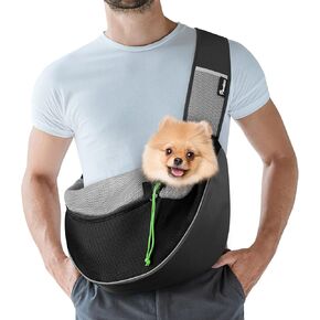 Pawaboo Pet Dog Sling Carrier, Hand Free Drawstring Dog Papoose with Adjustable Strap, Breathable Mesh Bag for Puppy Cat, Crossbody Satchel Dog Purse with Pocket for Outdoor, Dark Gray+Black, Large